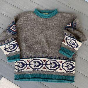 Vintage Woolies New Zealand Wool Blend Chunky Ski Sweater Grey Teal Geometric XL